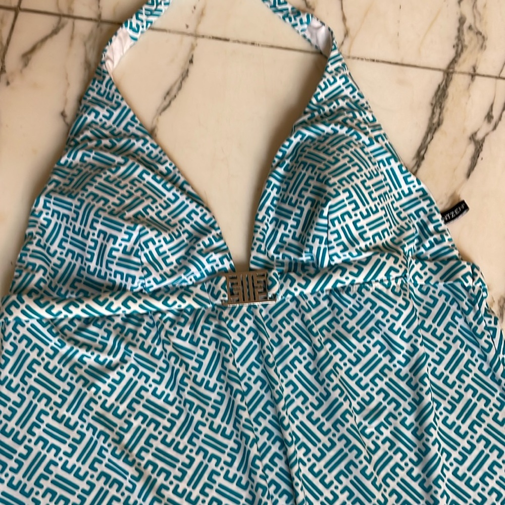 Jantzen Maxi dress sz L  swim aqua white geometric - so great for poolside